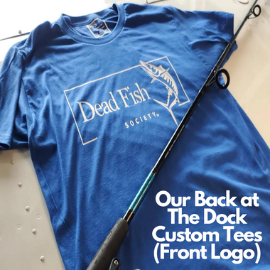 an image ofDFS at the dock blue custom tee with a fishing rod and reel