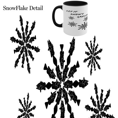 An image of the detail in our snowflake design on our colorful snowy grouper mugs
